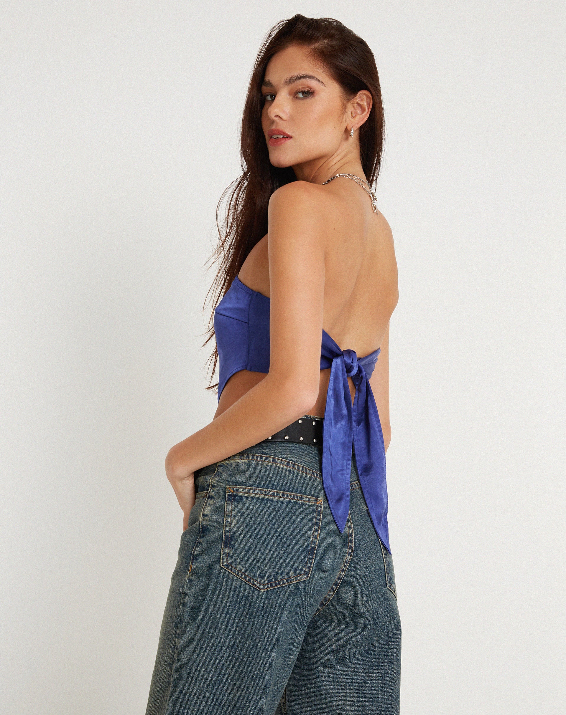 Nolda Bandeau Crop Top in Satin Spectrum Blue - Awmao