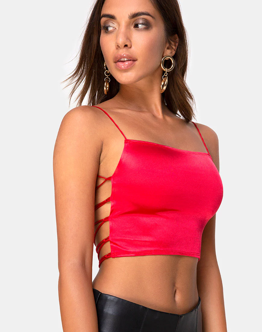 Ozka Crop Top in Satin Red - Awmao