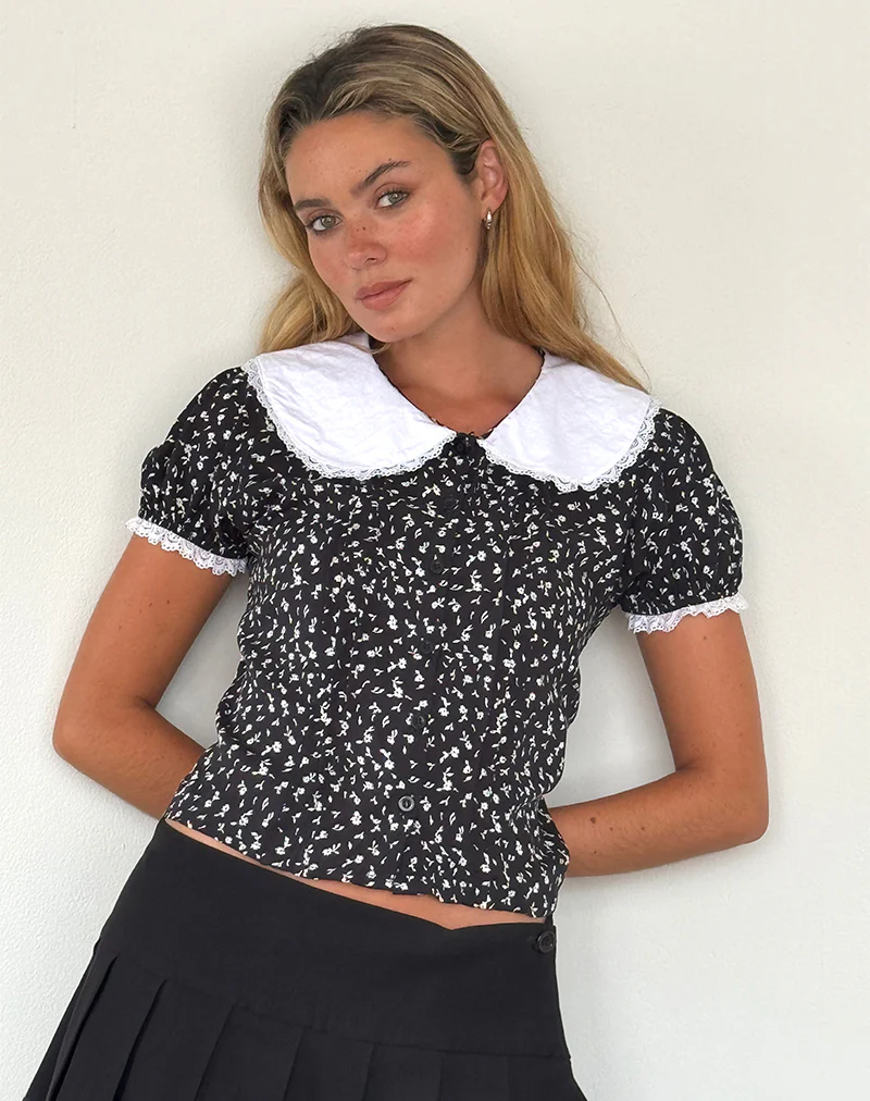Jisoya Blouse in Black Ditsy Romance - Awmao