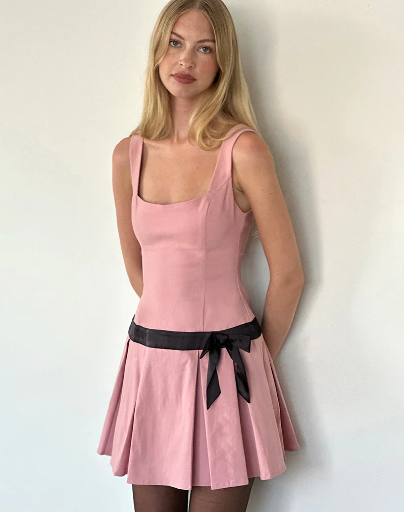 Michelia Mini Dress in Pink with Black Bow - Awmao