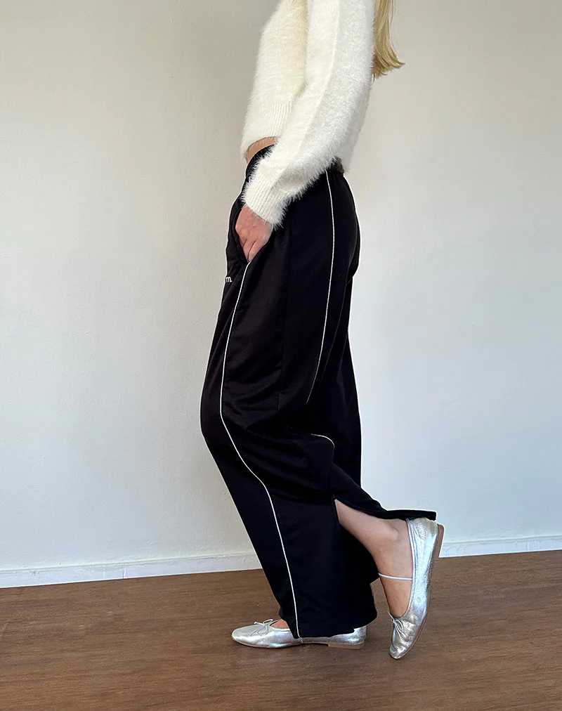 Shobi Wide Leg Jogger in Black with Grey Piping - Awmao