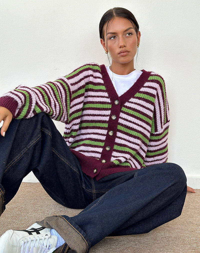 Uriela Cardigan in Green Pink and Burgundy Stripes - Awmao