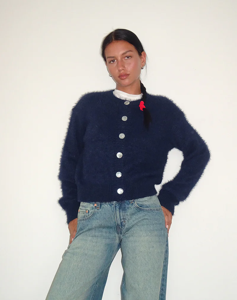 Audrina Cardigan In Fluffy Knit Navy - Awmao