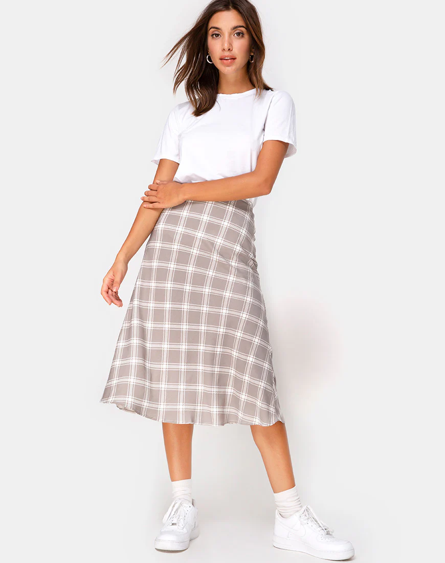 Tauri Midi Skirt in Grunge Check Taupe - Awmao