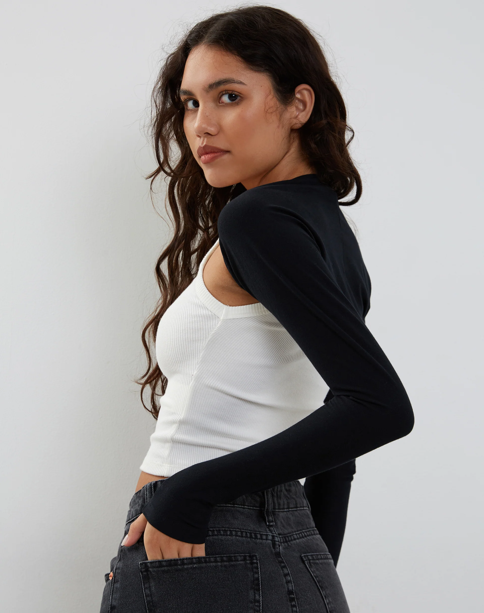 Ladri Shrug Top in Black Lycra - Awmao