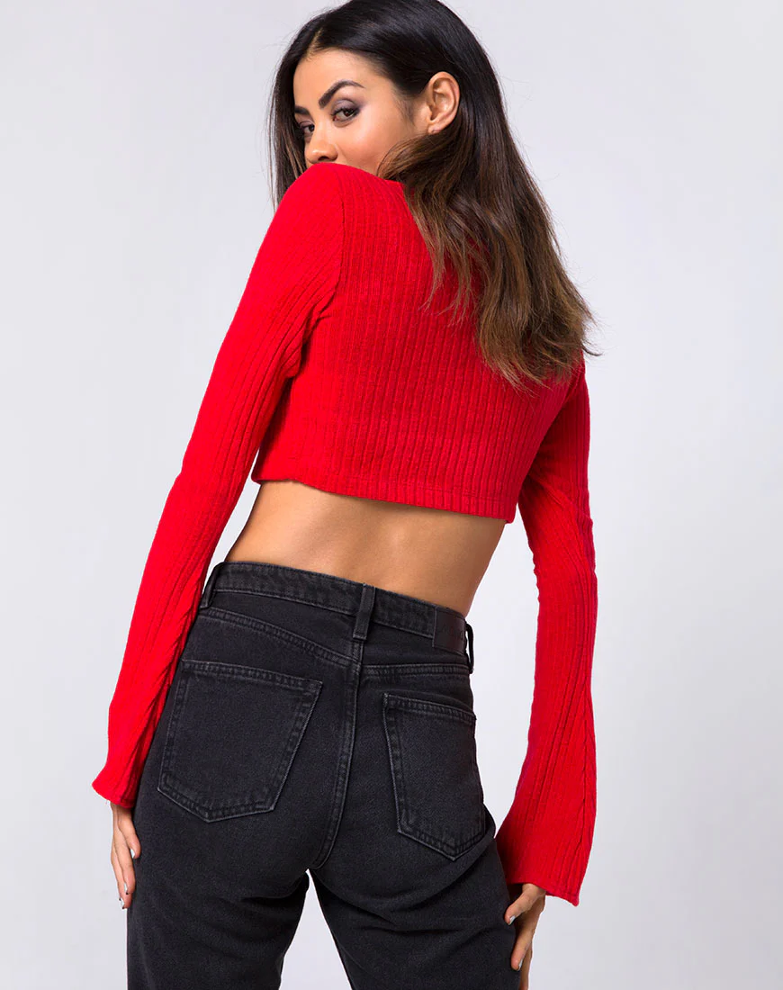 Elena Crop Top in Rib Knit Red - Awmao