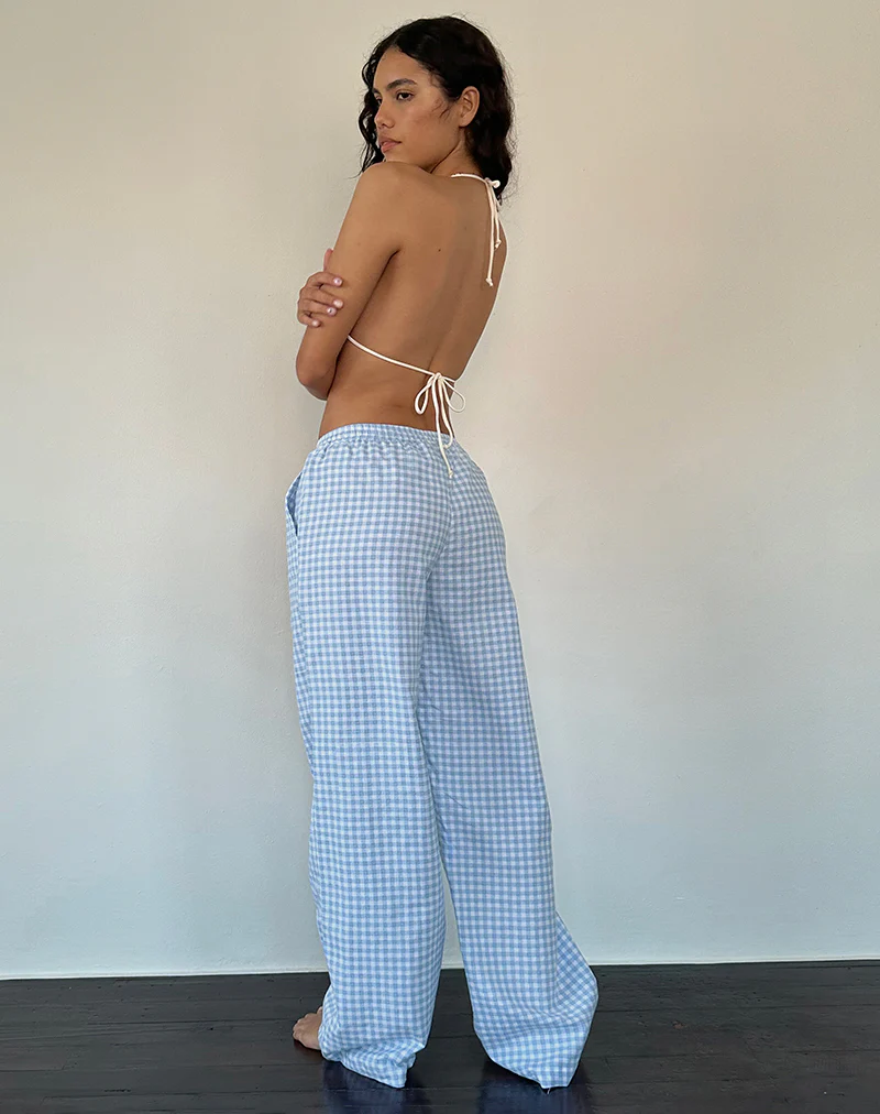 Wasic Wide Leg Linen Trouser in Blue Gingham - Awmao