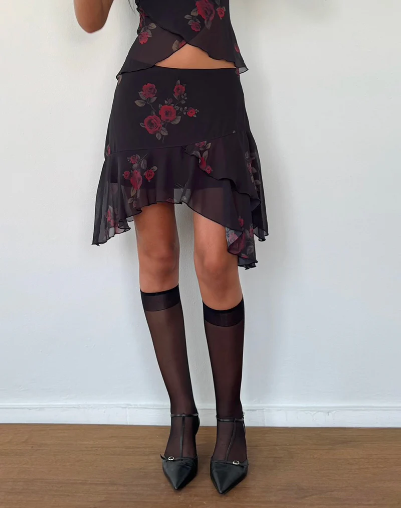 Winona Mini Skirt in Vintage Roses Black - Awmao
