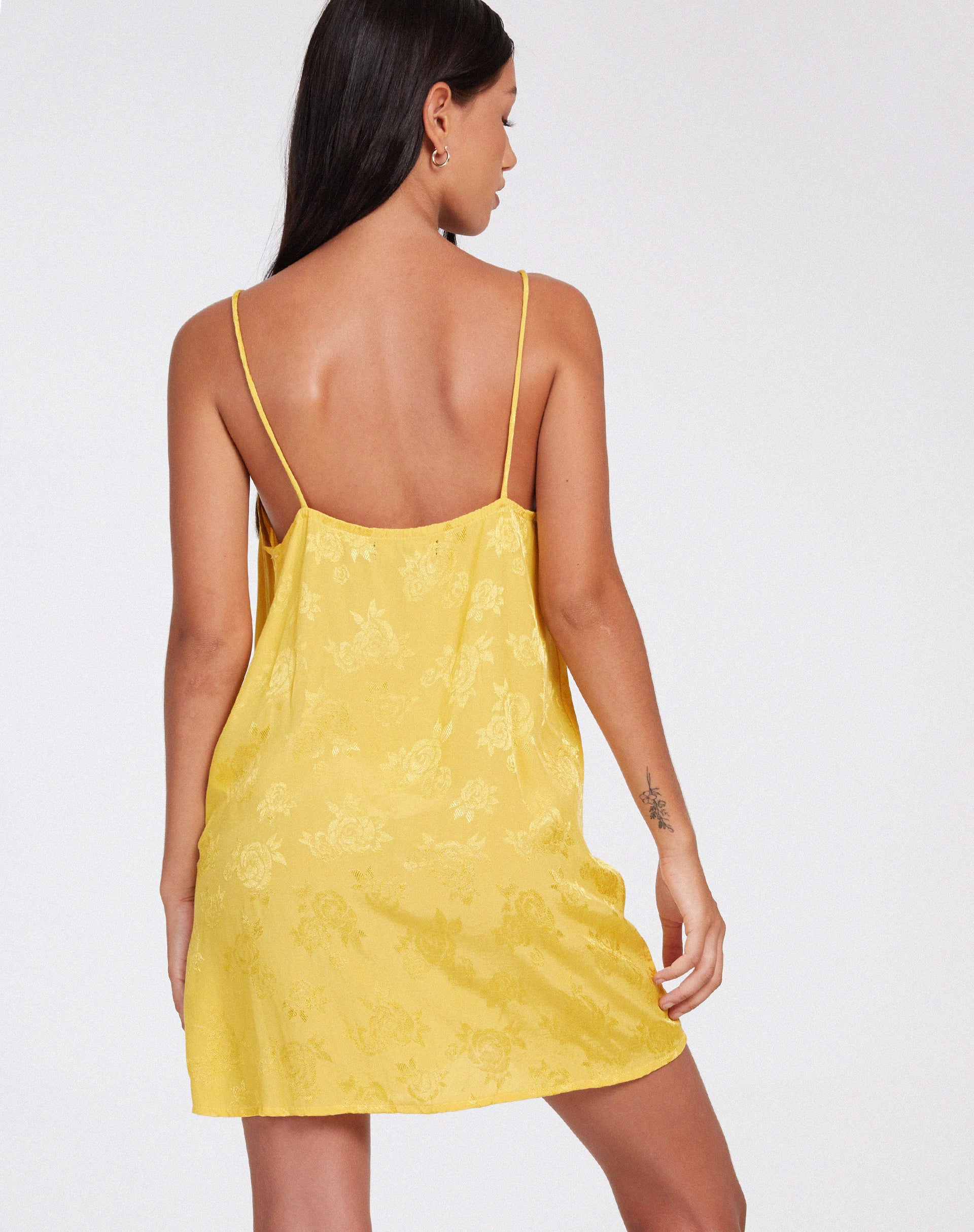 Datista Mini Dress in Satin Rose Sunshine Yellow - Awmao