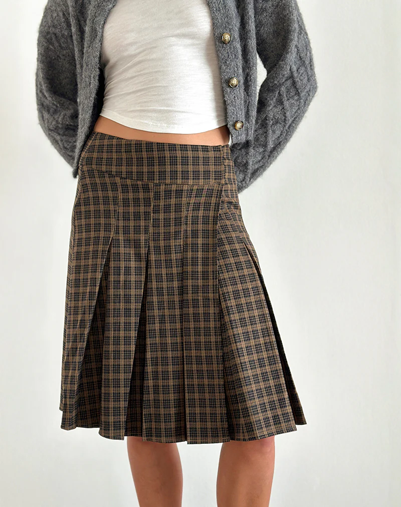 Vanka Midi Skirt in Dark Brown Check - Awmao
