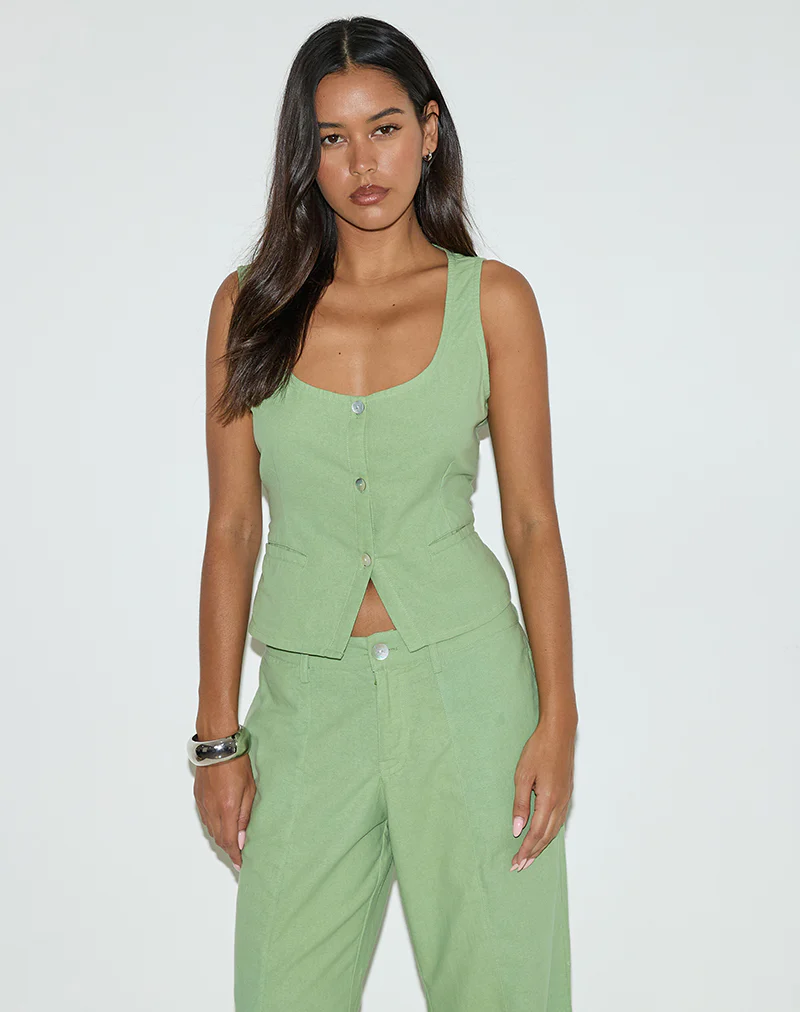 Ganita Vest in Linen Minty Green - Awmao