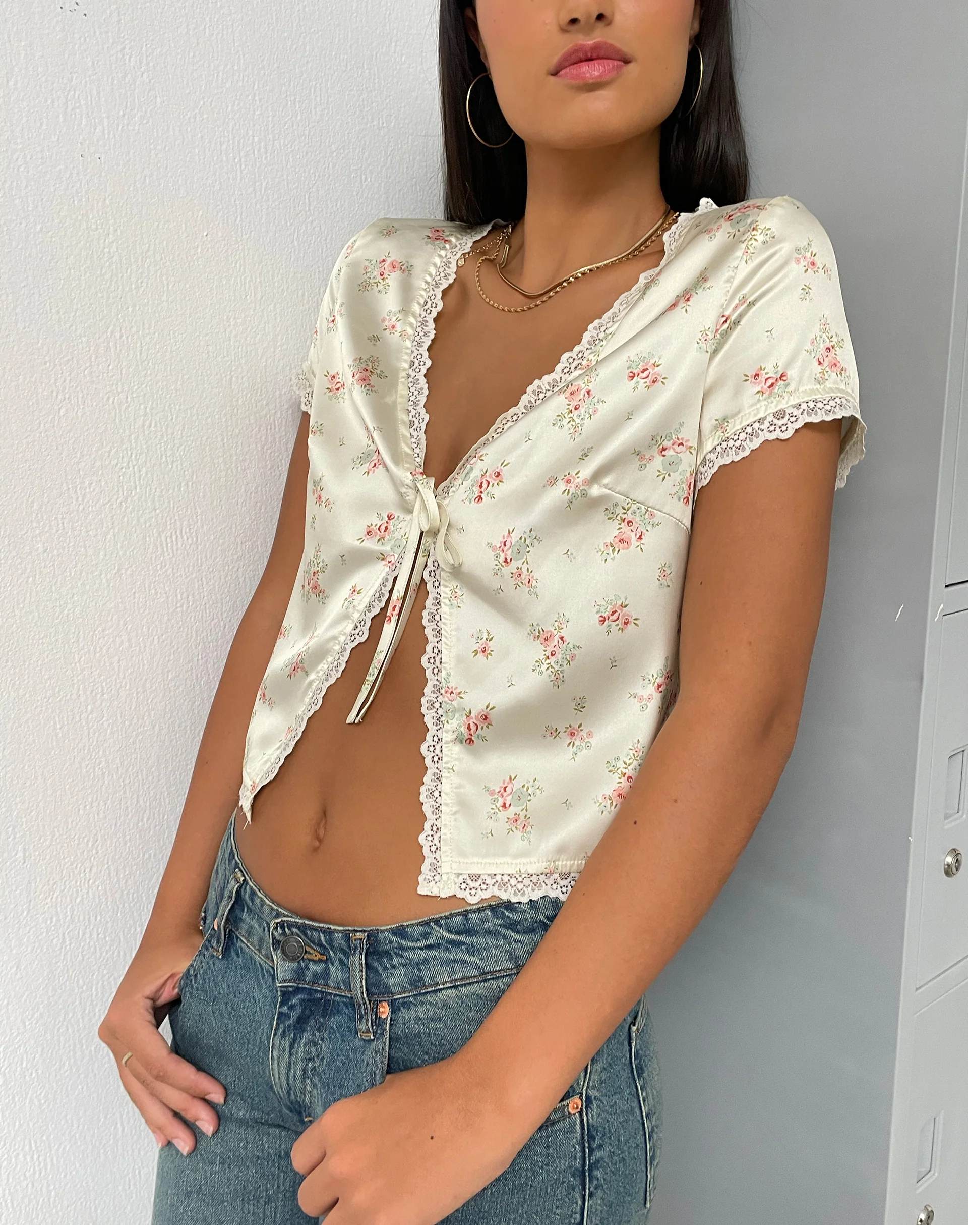 Selene Tie Front Top in Satin Vintage Rose Garland - Awmao