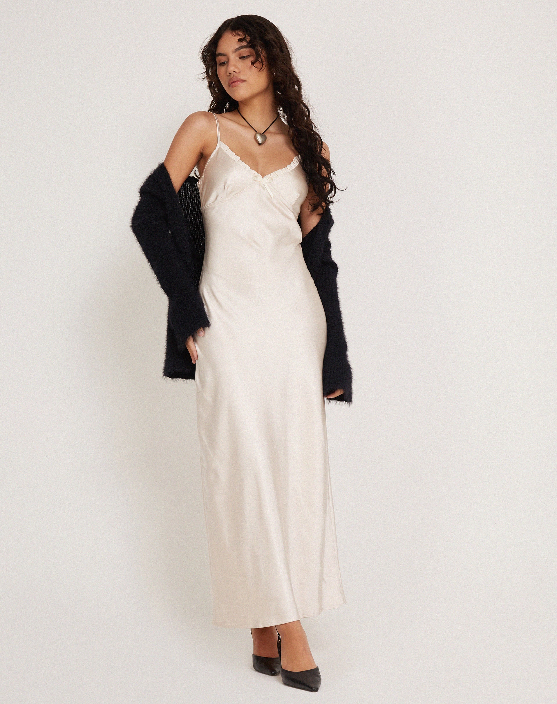 Padil Midi Dress in Satin Pearled Ivory - Awmao