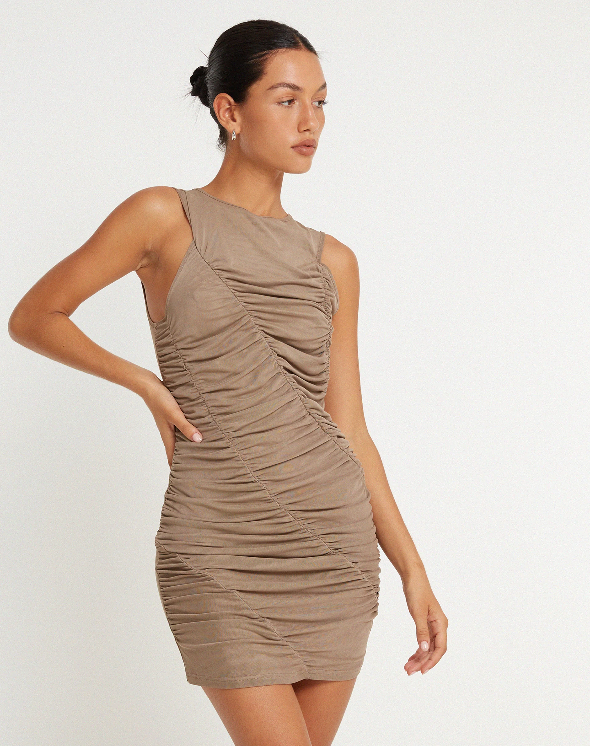 Robina Mesh Mini Dress in Oatmeal - Awmao