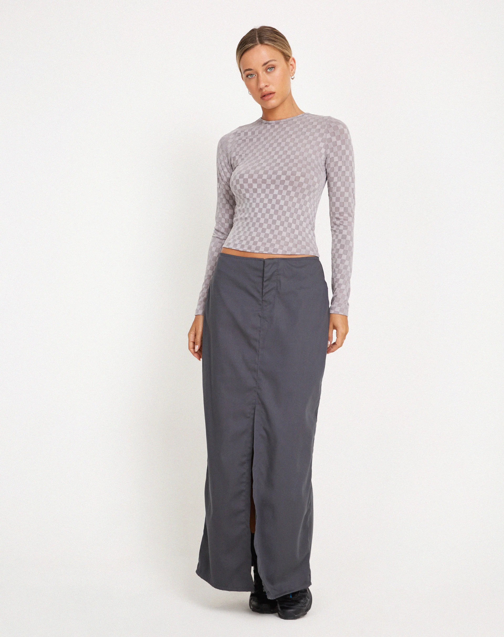 Natari Long Sleeve Crop Top in Check Grey - Awmao