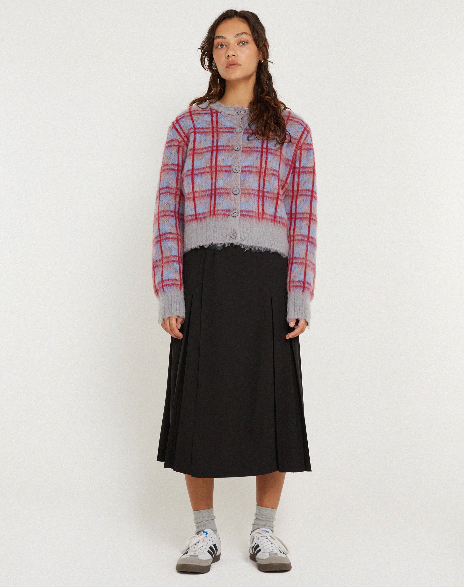 Anzio Button Up Cardigan in Multi Check Grey Blue and Red - Awmao