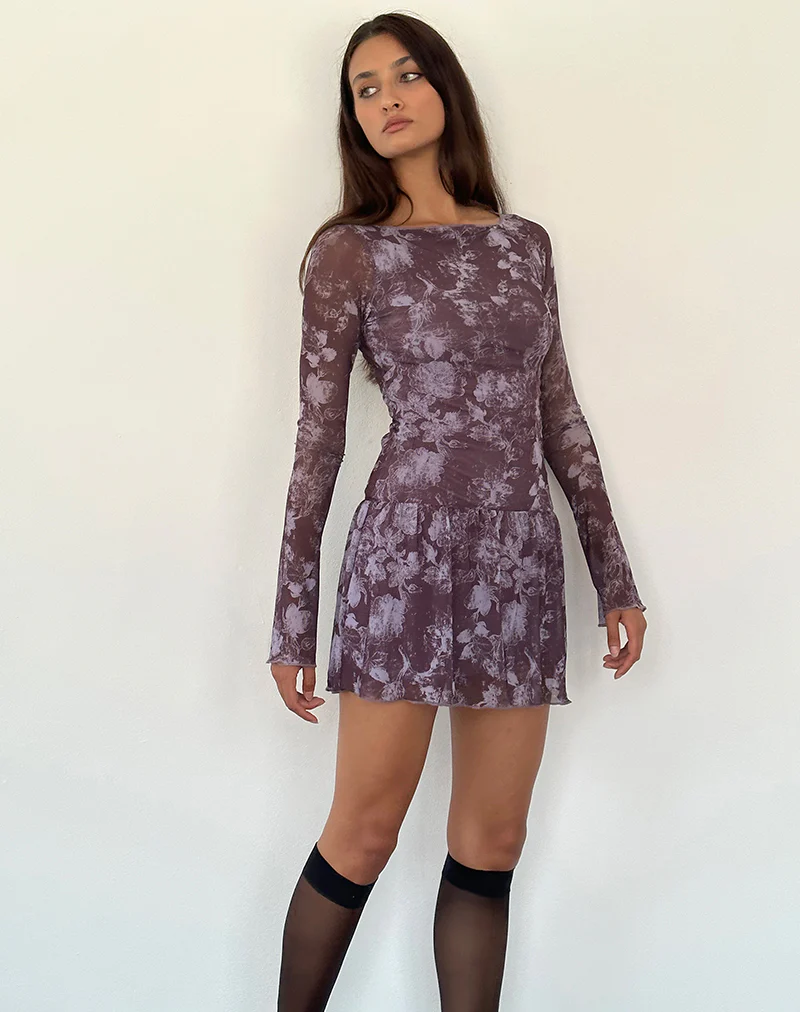 Sonata Mini Dress in Botanic Sketch Purple - Awmao