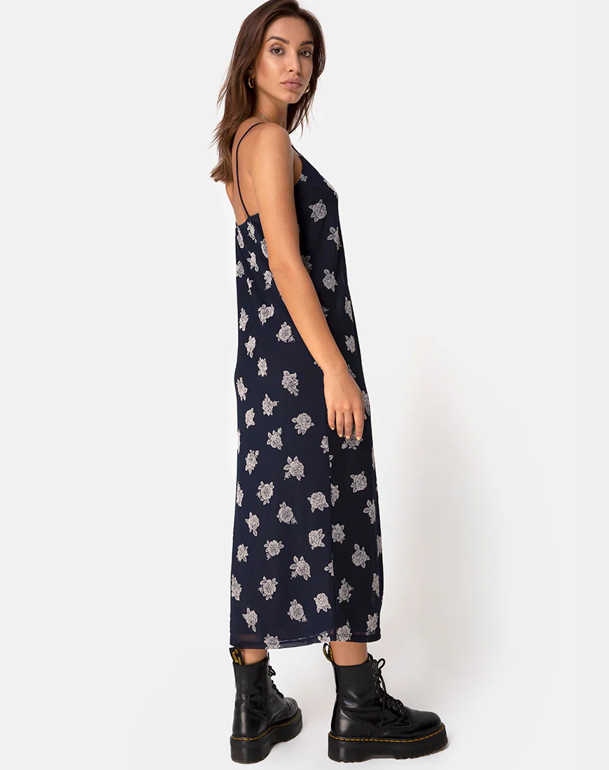 Sini Slip Midi Dress in Rose Flock Black Mesh - Awmao