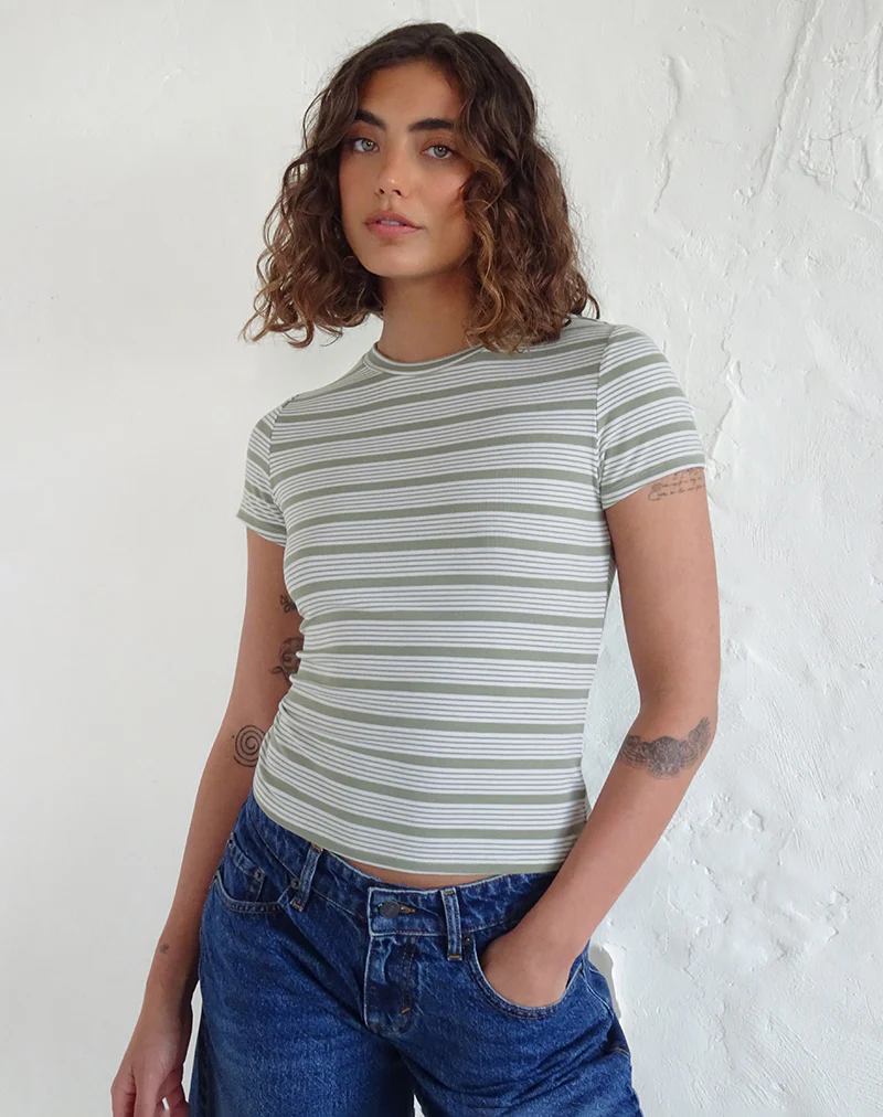 Kenichi Top in Stripe Sage Green Jersey - Awmao