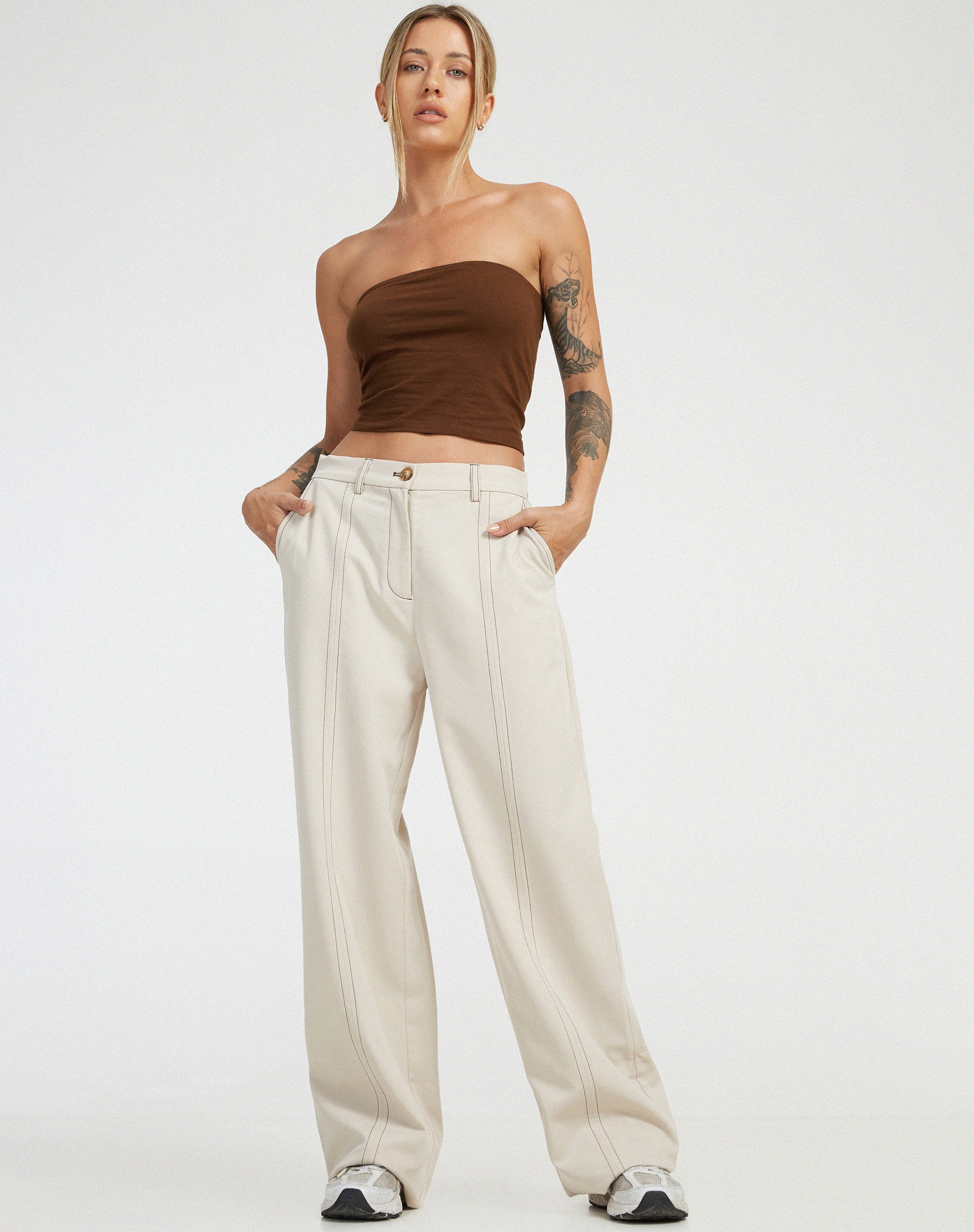 Albus Trouser in Ecru Brown Stitch - Awmao