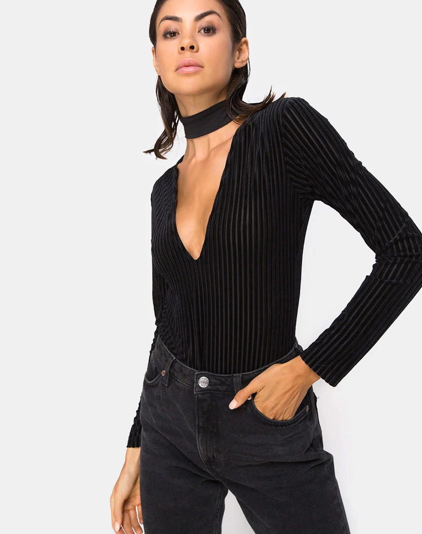 Lao Plunge Bodice in Black Sheer Stripe - Awmao