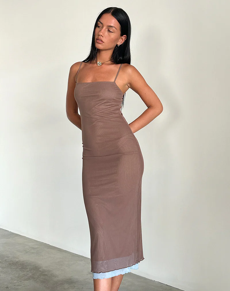 Bisilk Midi Dress in Mesh Brown with Light Blue - Awmao