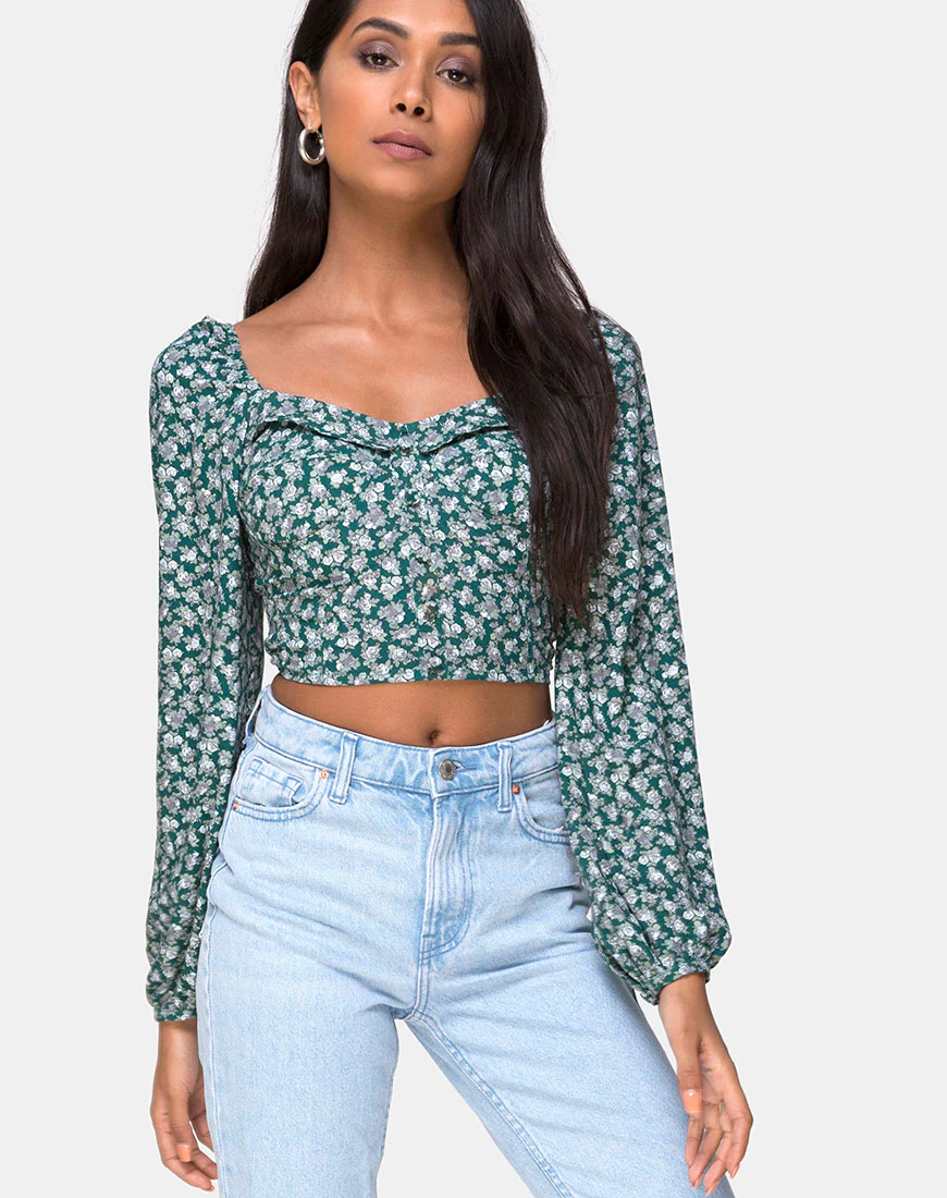 Alor Crop Top in Floral Bloom Green - Awmao
