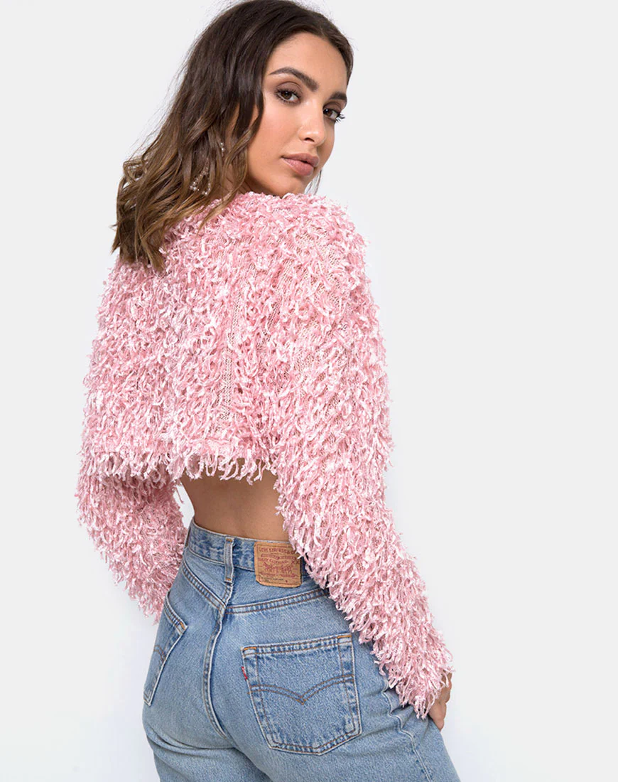 Diabla Crop Jumper in Shaggy Knit Sugar Pink - Awmao