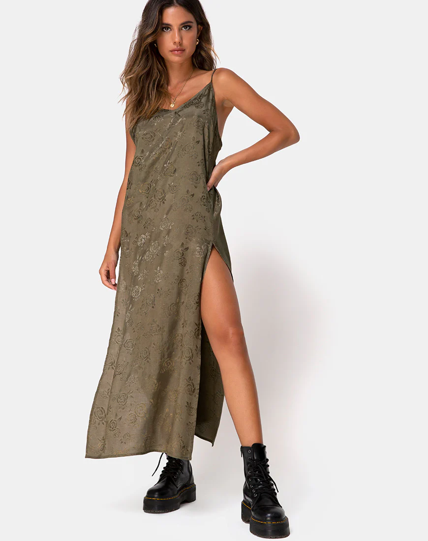 Hime Maxi Dress in Satin Rose Silver Grey - Awmao
