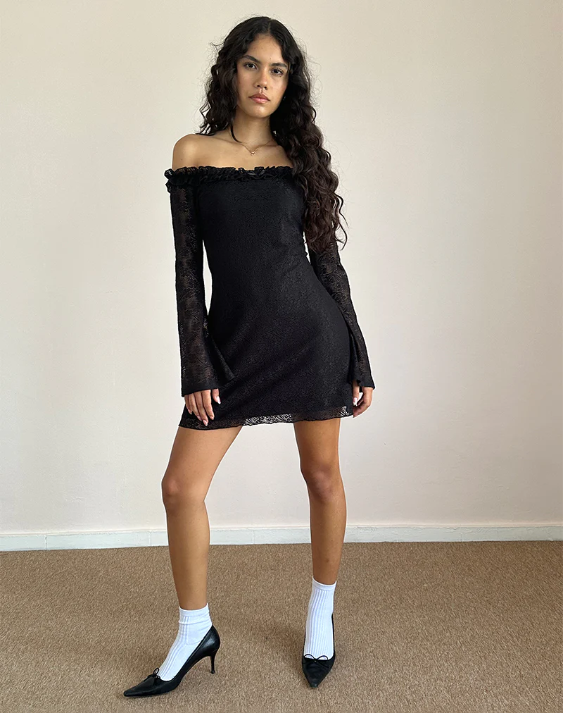 Severine Bardot Mini Dress Lace Black - Awmao