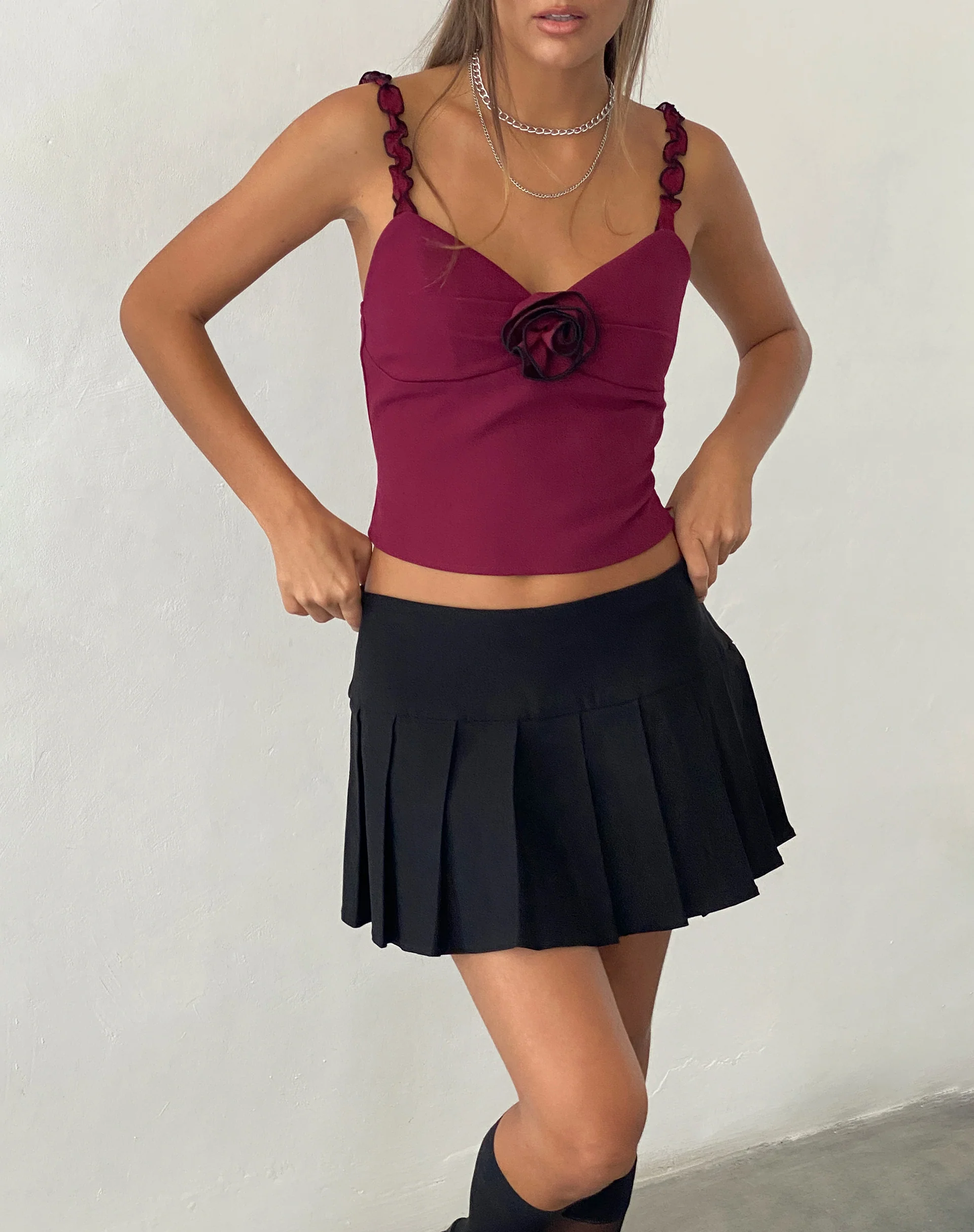 Carini Cami Top in Burgundy with Rosette - Awmao