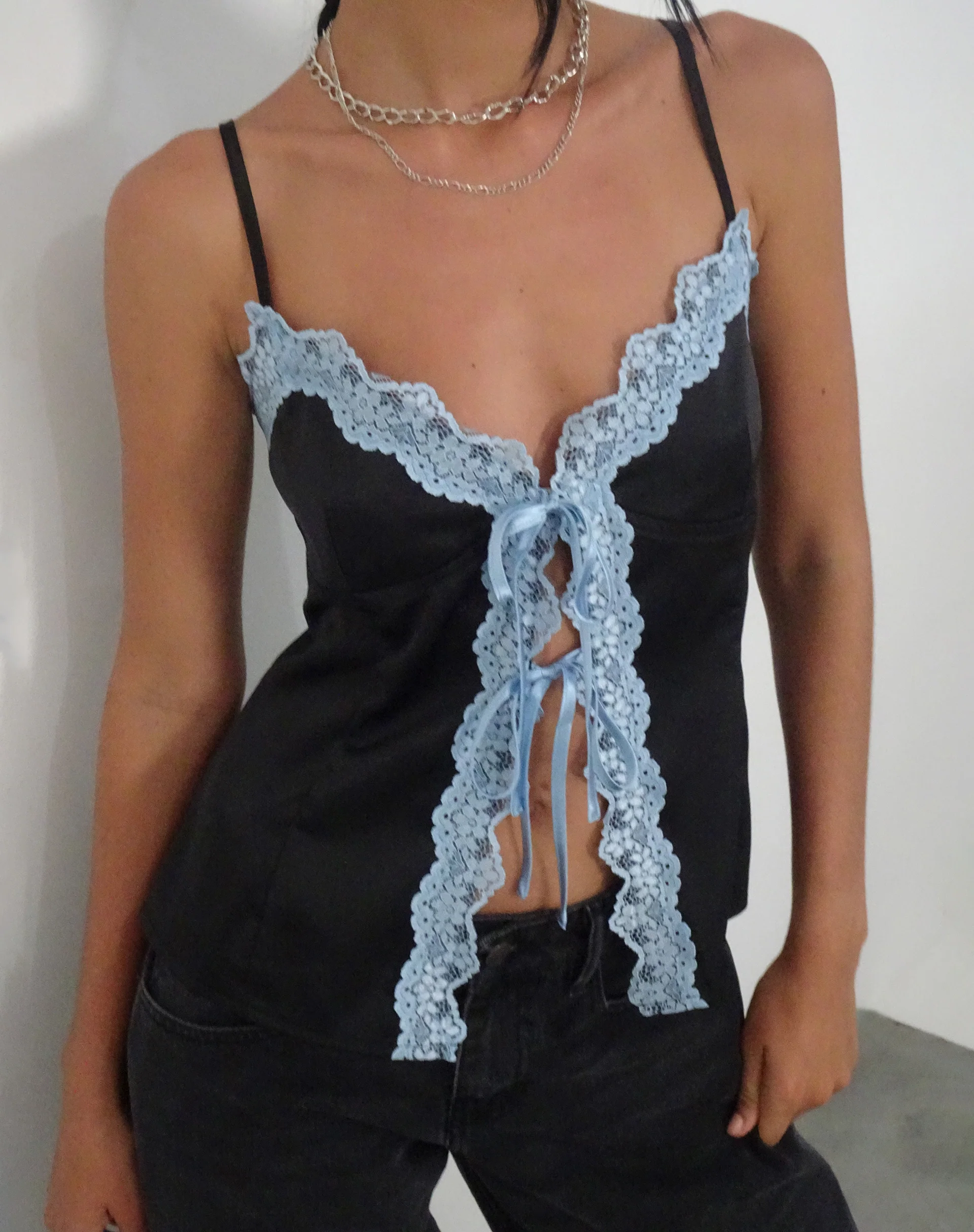 Bahela Tie Front Cami Top in Black with Blue Lace - Awmao