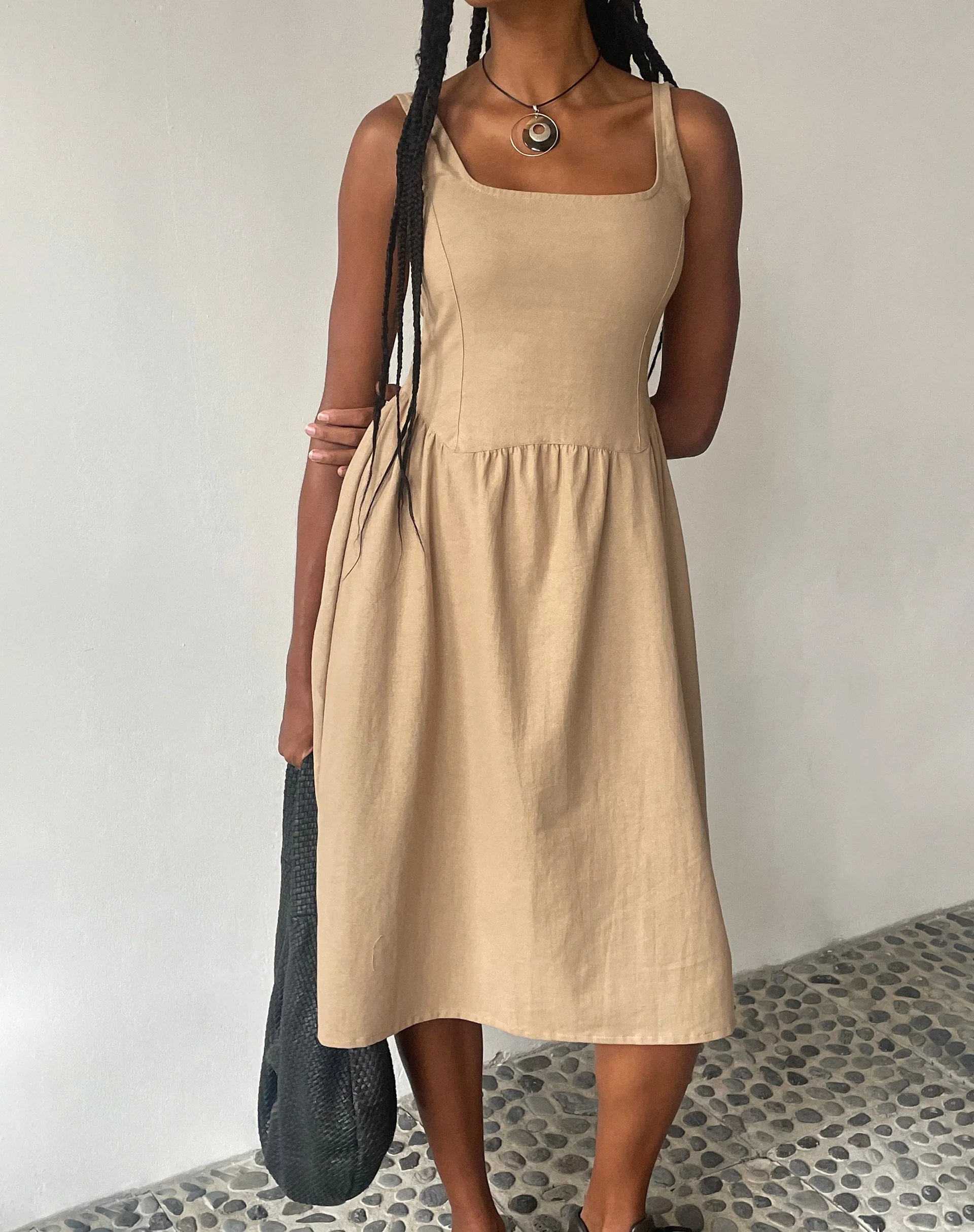 MOTEL X JACQUIE Pelove Drop Waist Midi Dress in Light Taupe - Awmao