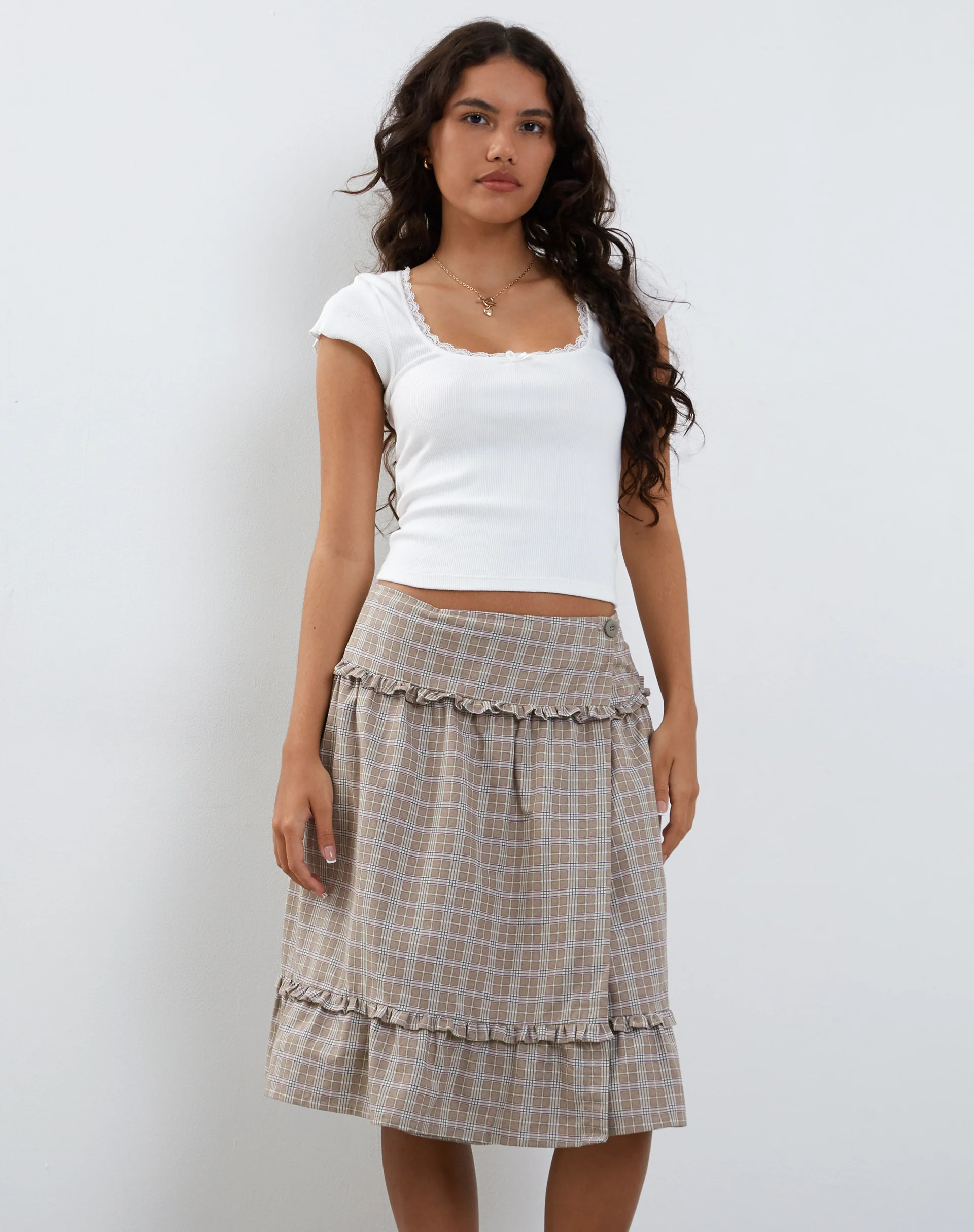 Kasya Frill Hem Wrap Midi Skirt in Taupe Check - Awmao