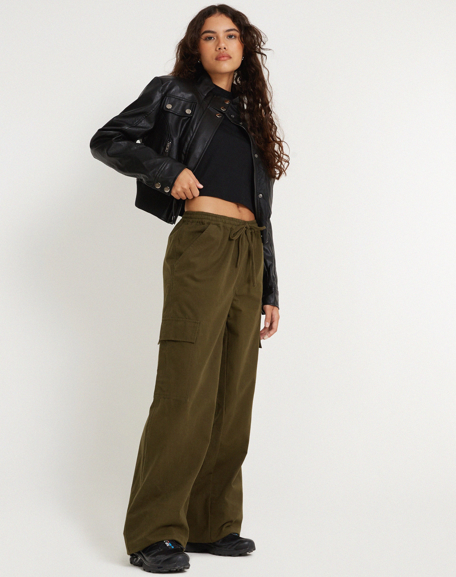 Geona Wide Leg Cargo Trouser in Dark Olive - Awmao
