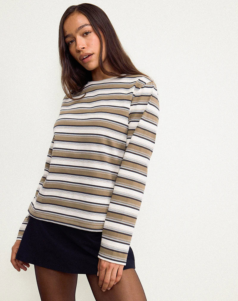 Dafika Long Sleeve Jersey Top in Brown and White Stripe - Awmao