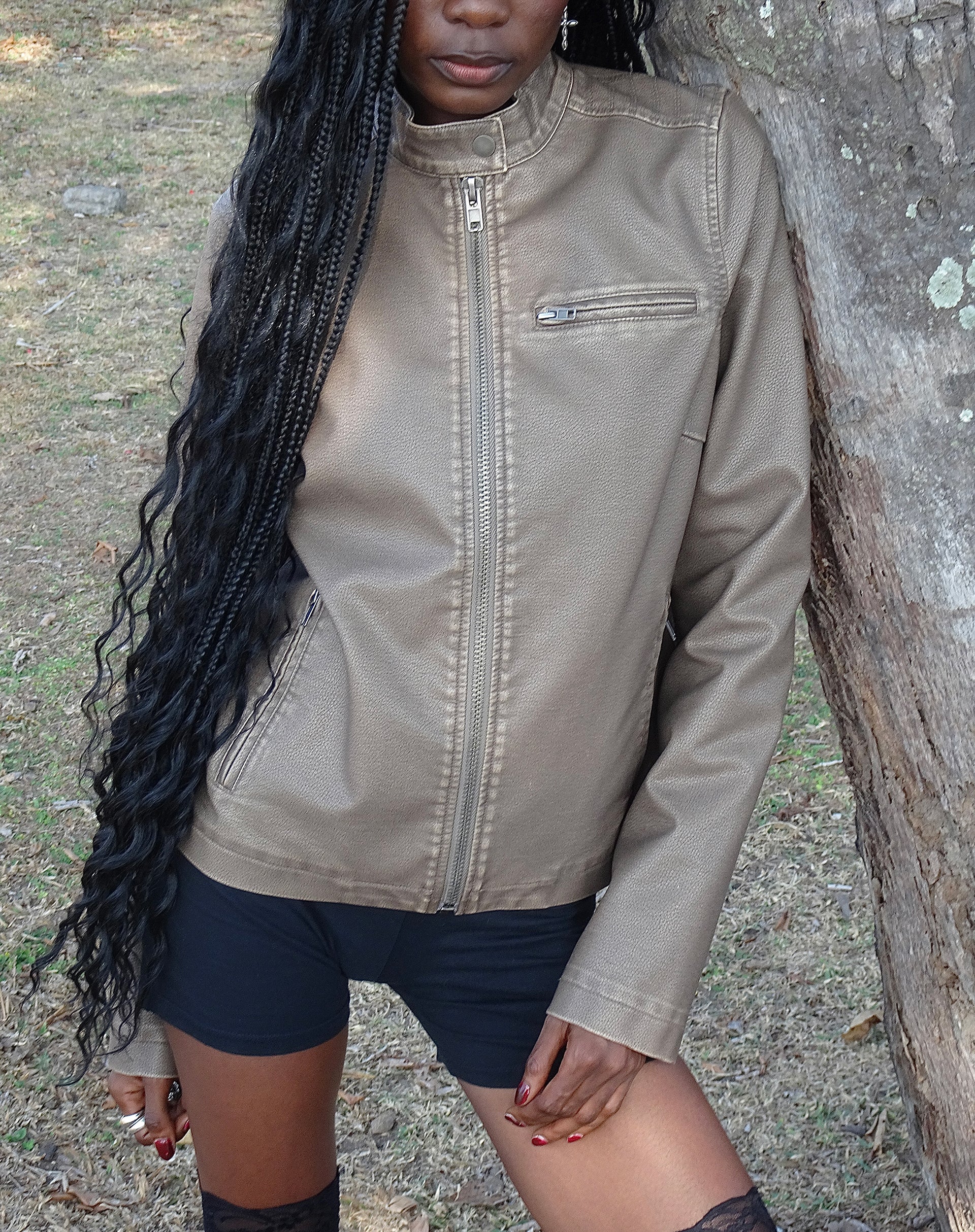 Mildred Distressed Biker Jacket in PU Olive - Awmao