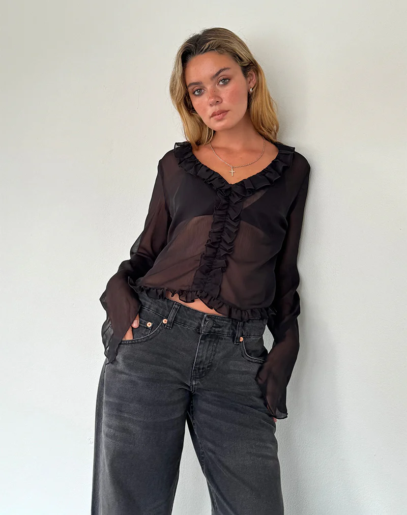 Adriana Ruffle Top in Chiffon Black - Awmao