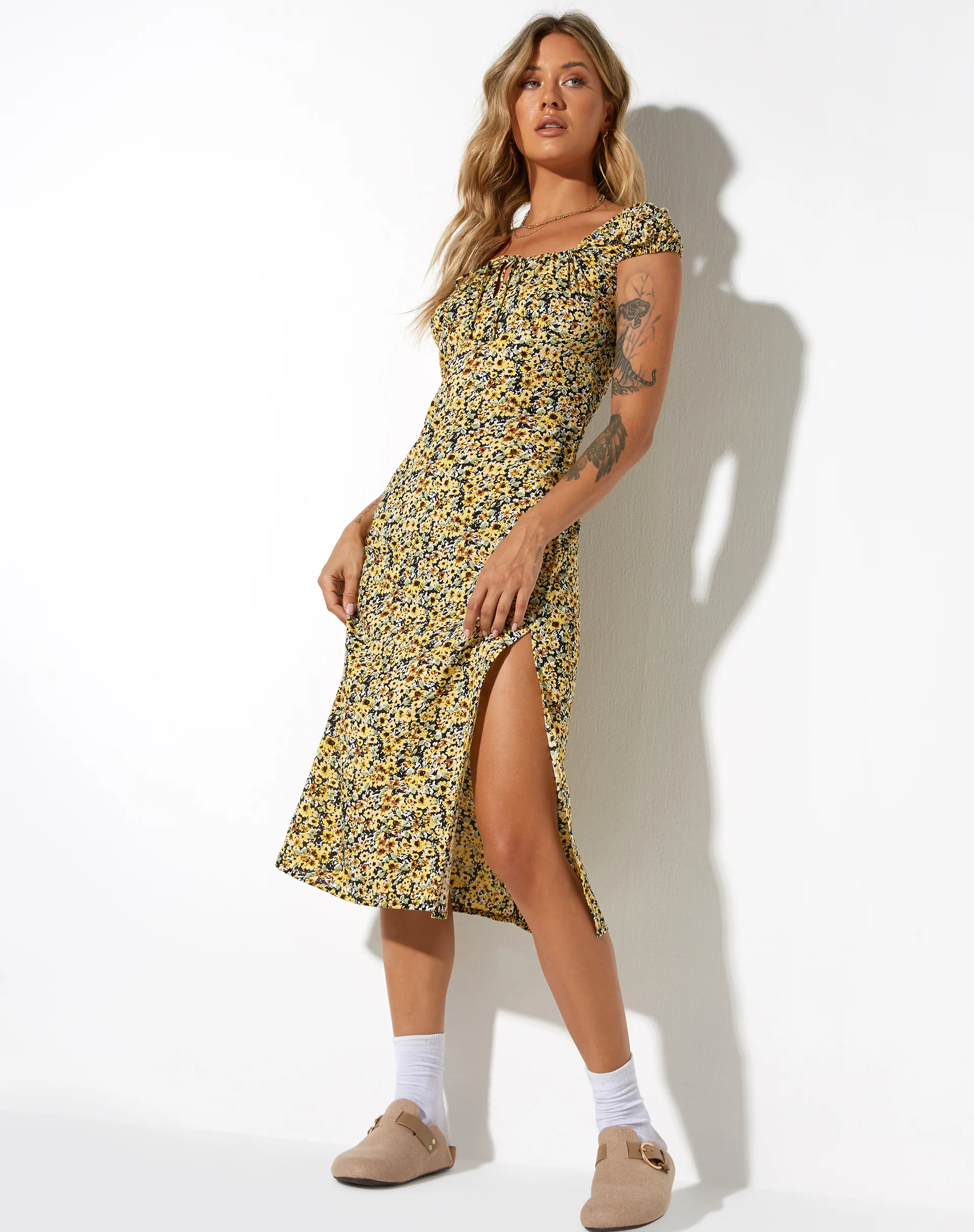 Lona Midi Dress in Spring Ditsy Yellow - Awmao