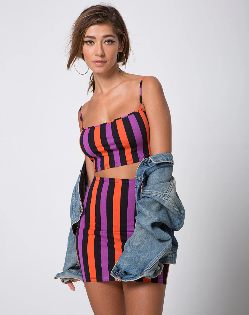 Kimmy Bodycon Skirt in Purple and Orange Stripe - Awmao