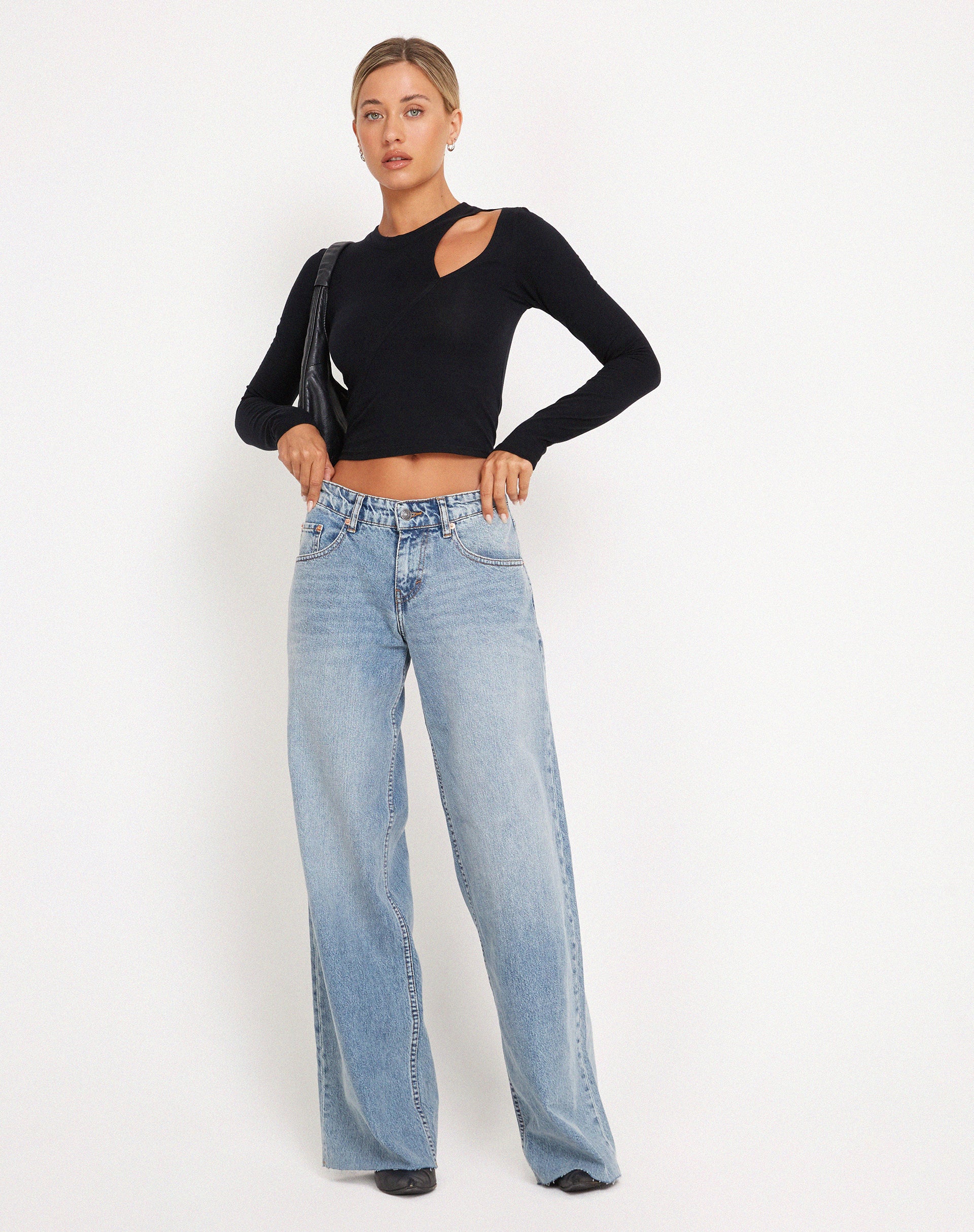 Roomy Extra Wide Raw Hem Low Rise Jeans in Vintage Blue Wash - Awmao