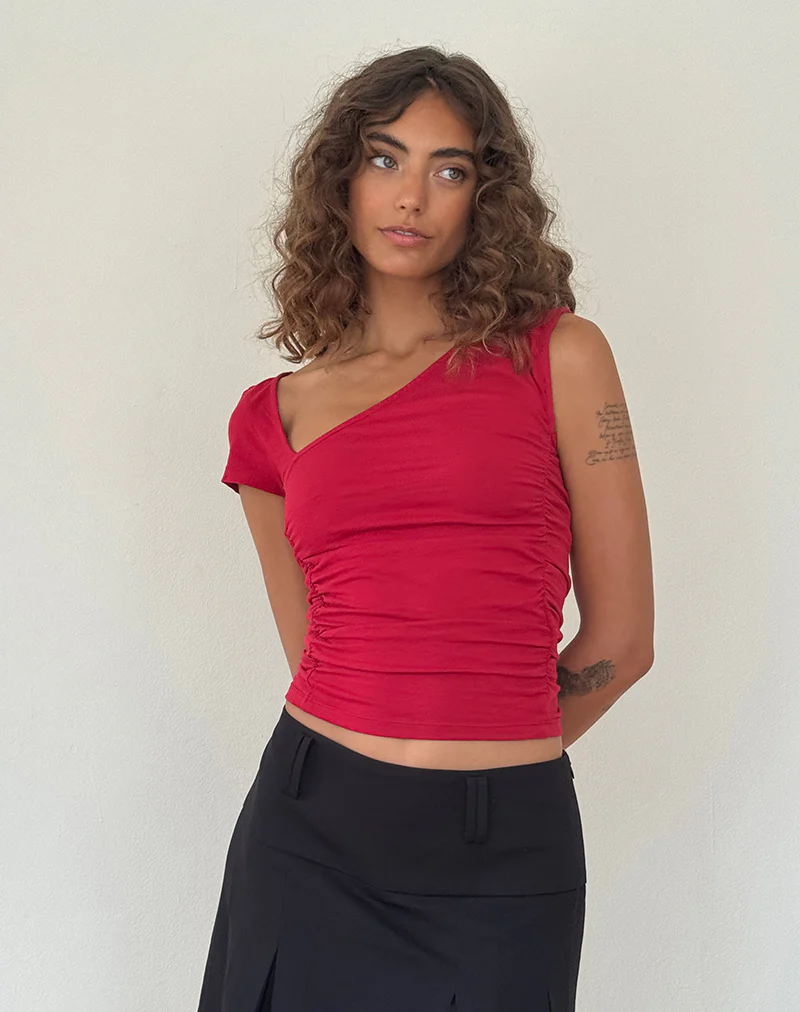 Sunhee Slash Neck Top in Adrenalin Red - Awmao