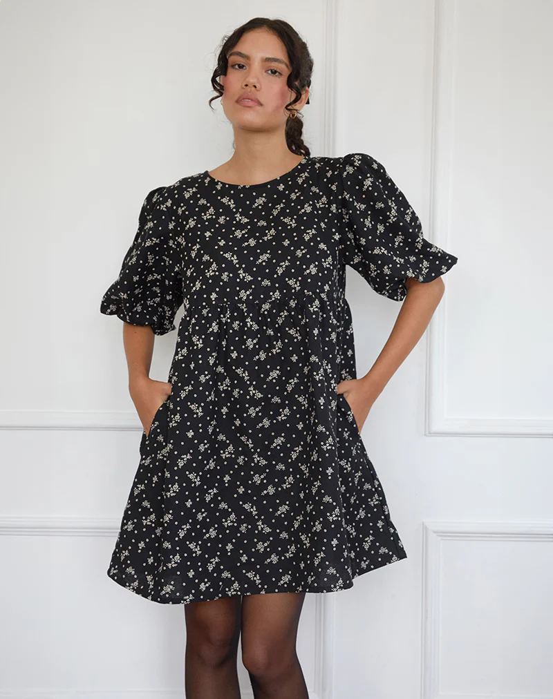 Marate Mini Dress in Floral Land Black - Awmao