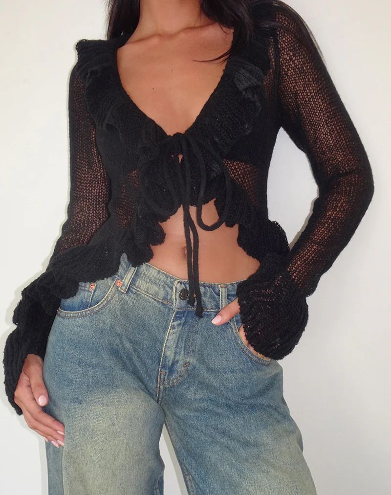 Kendra Ruffle Cardi in Black - Awmao