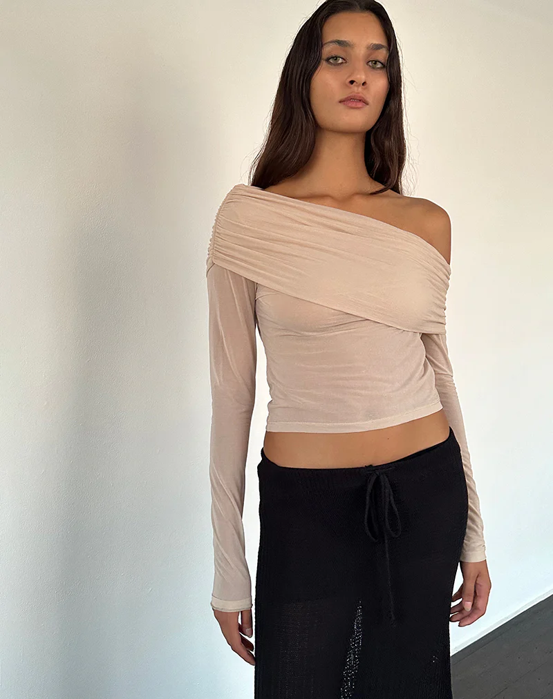 Chidi Sheer Mesh Bardot Top in Camel - Awmao