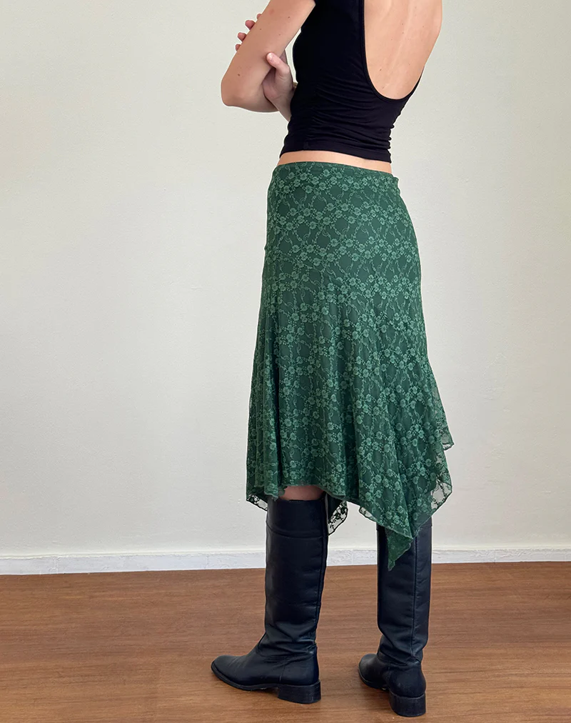 Cinta Midi Skirt in Sage Canina Rose Lace - Awmao