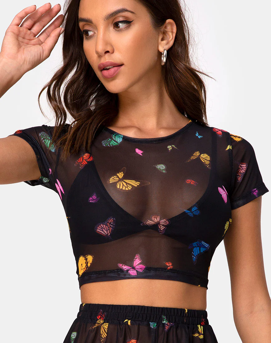 Tiney Crop Top Tee in Mesh Black Butterfly - Awmao