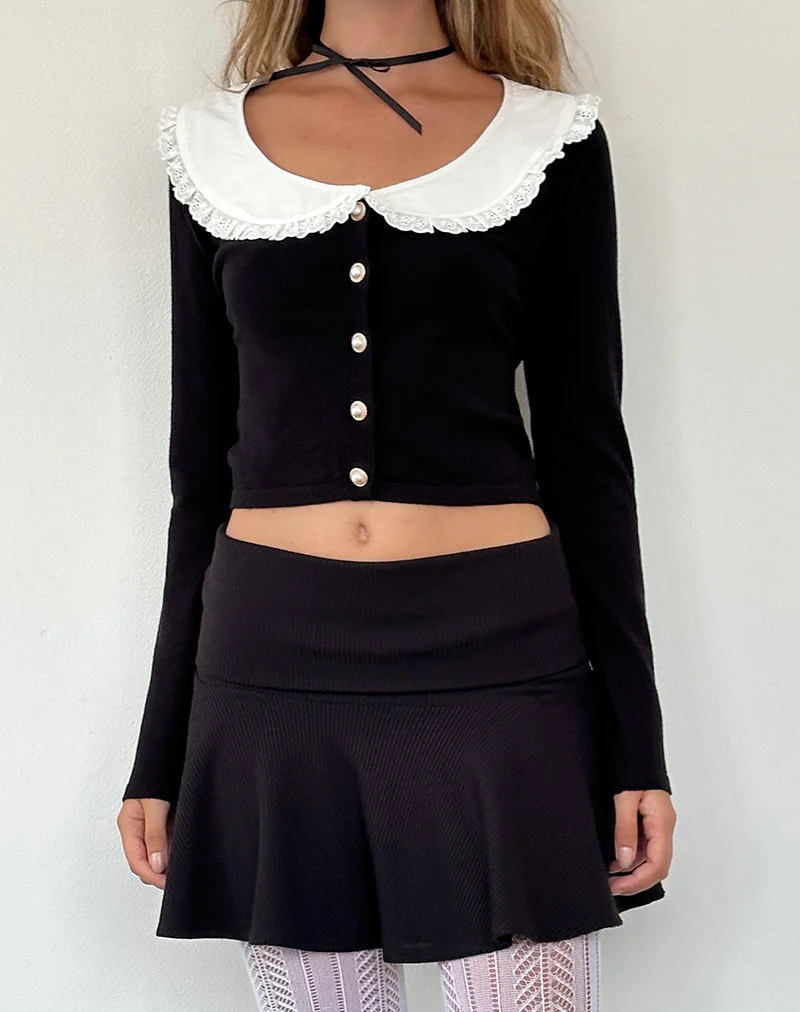 Jodine Knitted Cardigan in Black with White Frill - Awmao