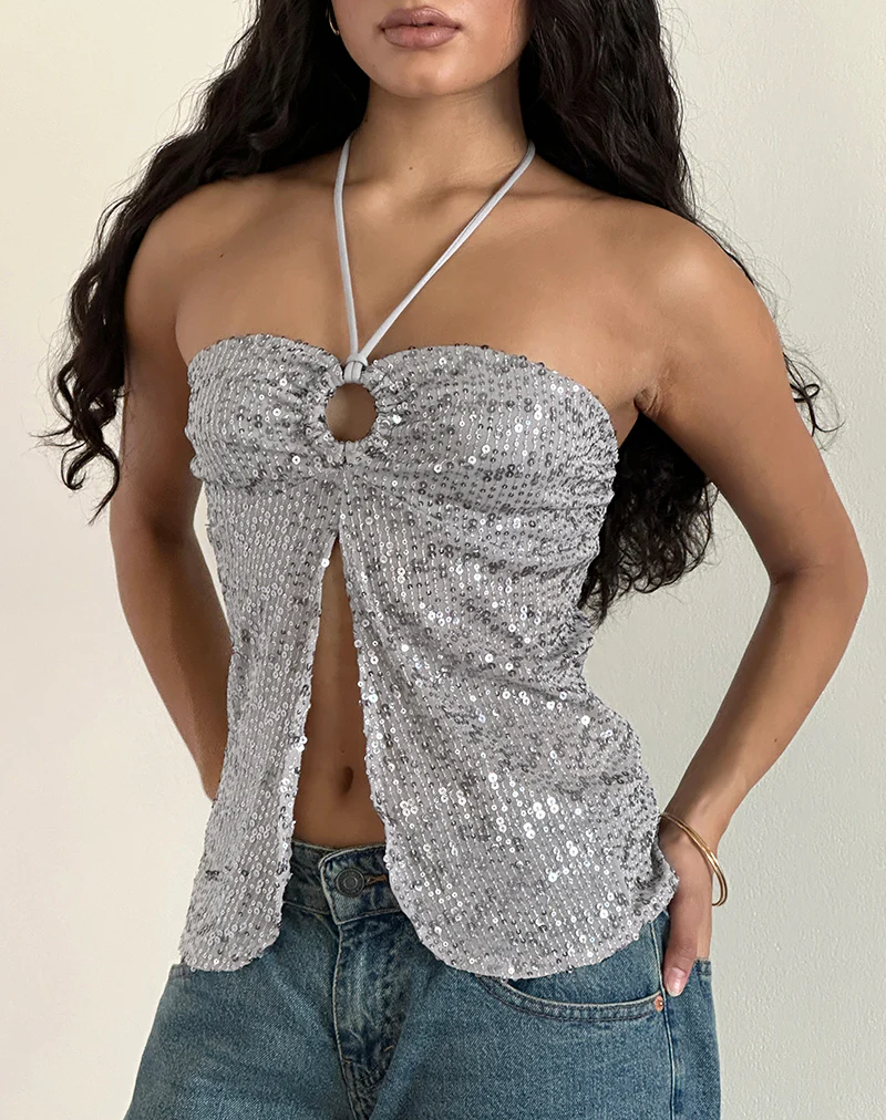 Janar Halterneck Top in Gauzy Sequin Silver - Awmao