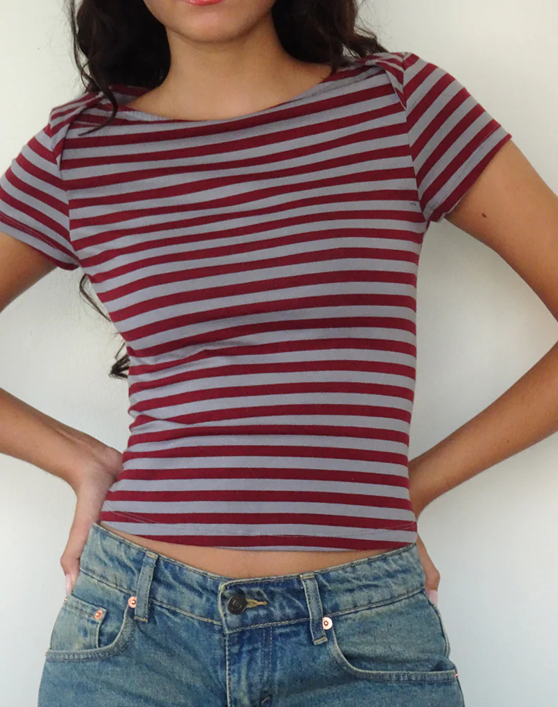 Ralina Short Sleeve Top in Mulberry Grey Stripes - Awmao